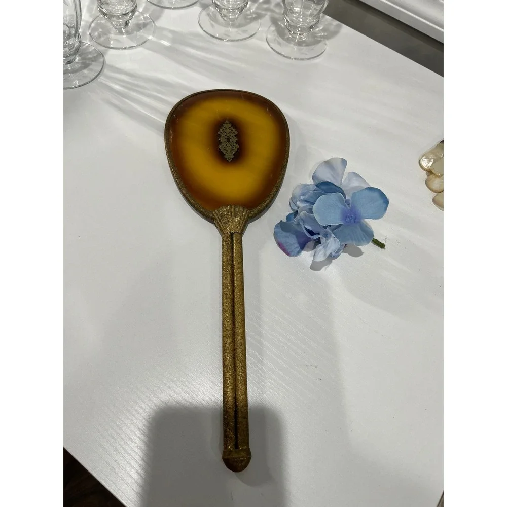 Antique Handheld Vanity Mirror Agate Inlay‎ Ornate Handle Decorative Vanity